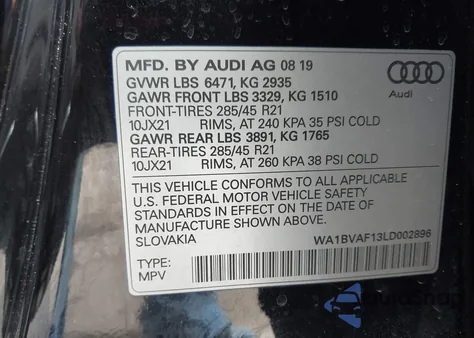 2020 Audi Q8 Premium Plus 55 Tfsi Quattro Tiptronic z USA, uszkodzony, nr VIN WA1BVAF13LD002896